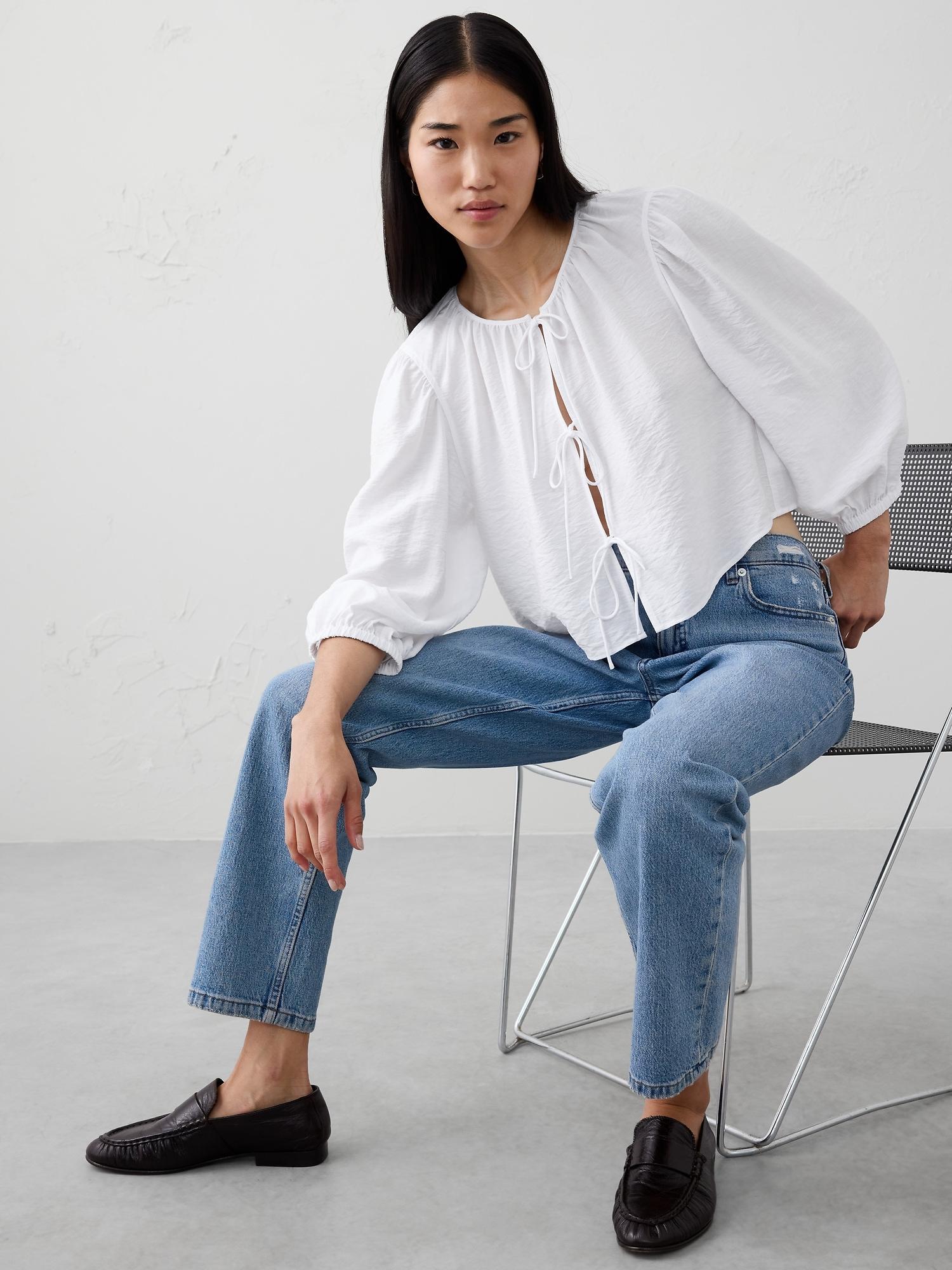 denim open tie-front top