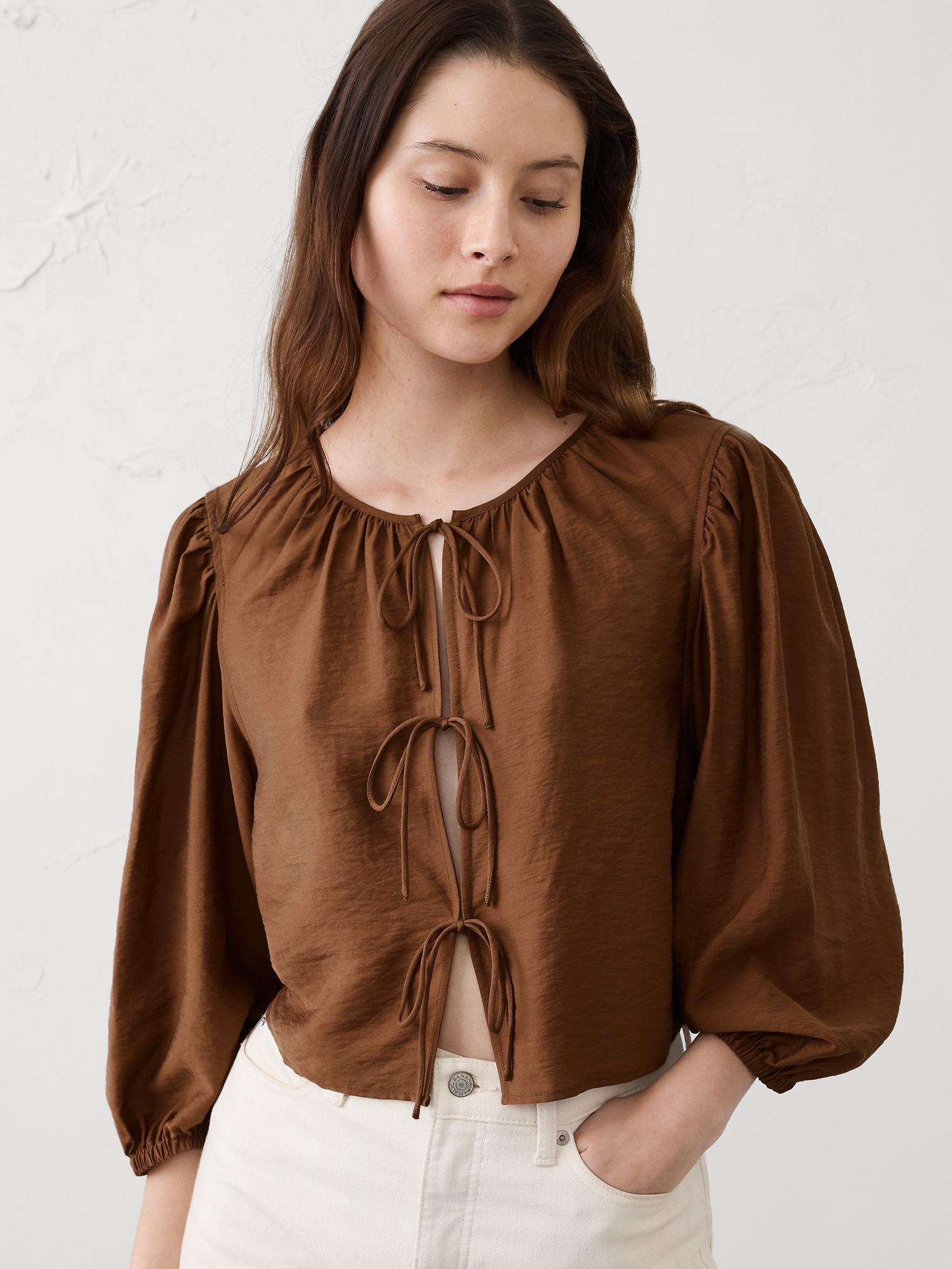 denim open tie-front top