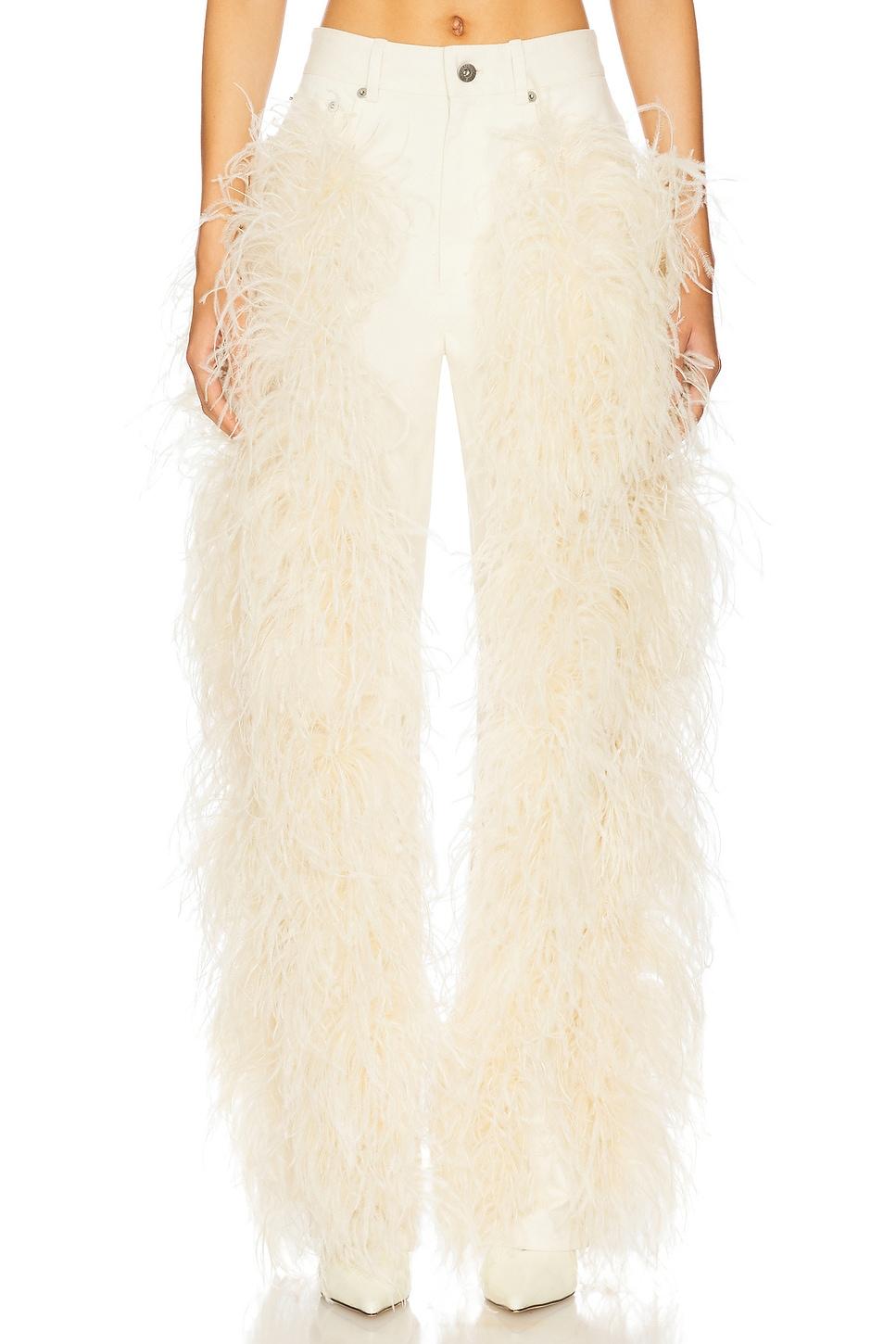 denim pant with feathers