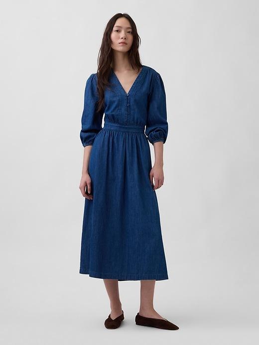 denim pieced-waist midi dress