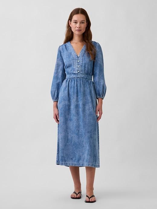 denim pieced-waist midi dress
