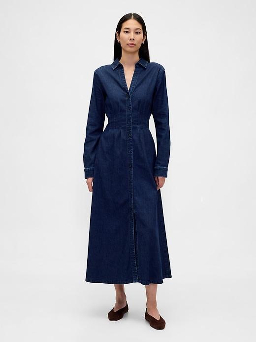 denim pintuck button-front maxi dress