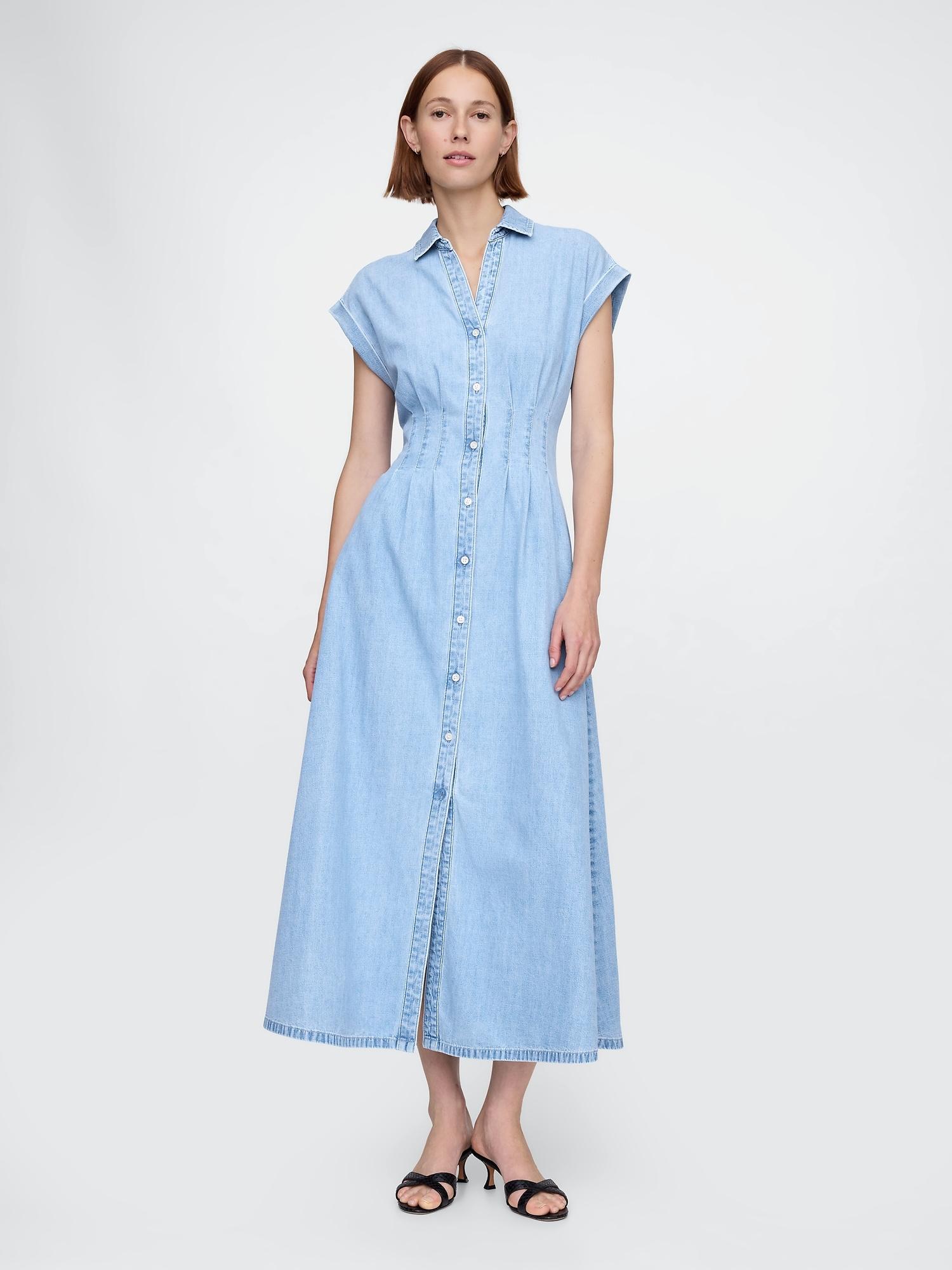 denim pleated maxi shirtdress