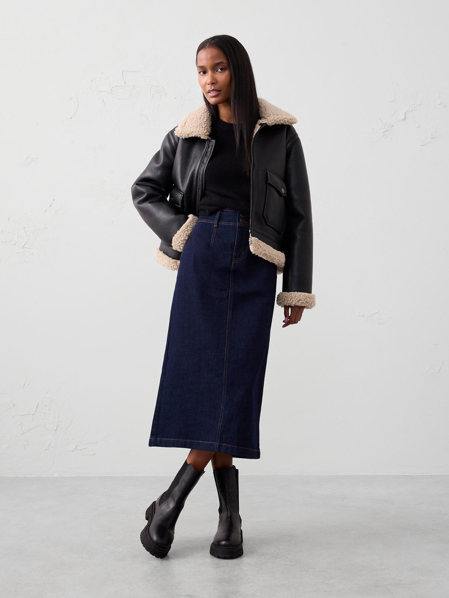 denim pleated maxi skirt