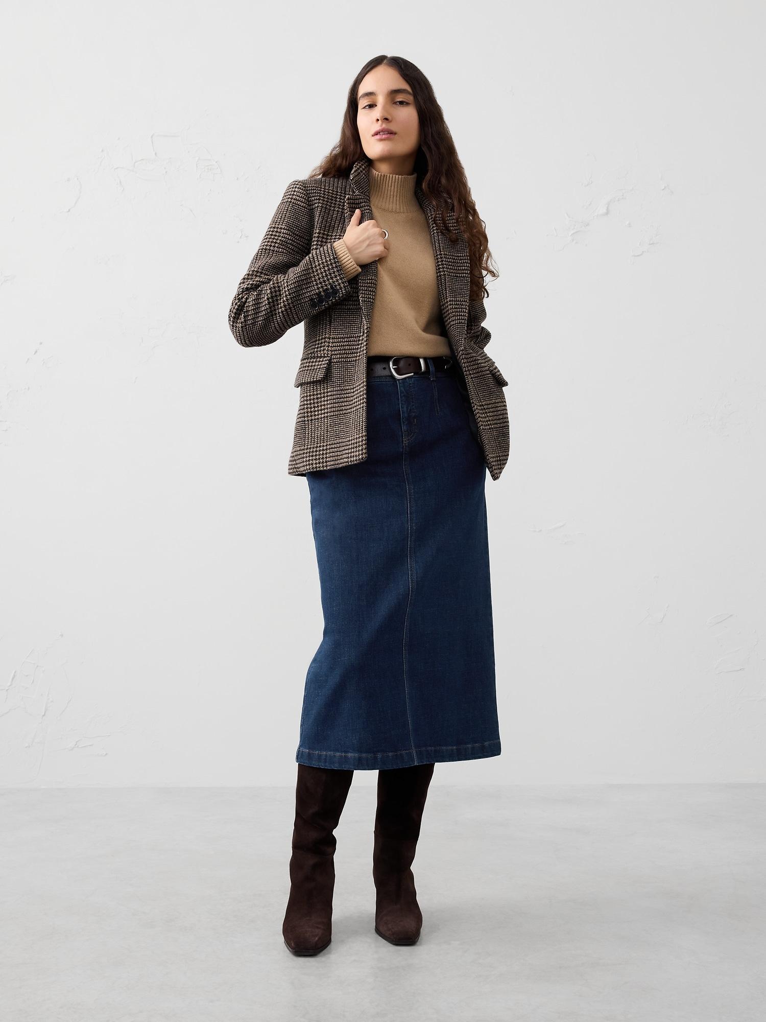 denim pleated maxi skirt