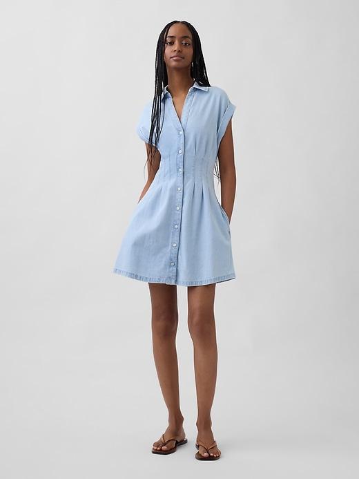 denim pleated mini shirtdress