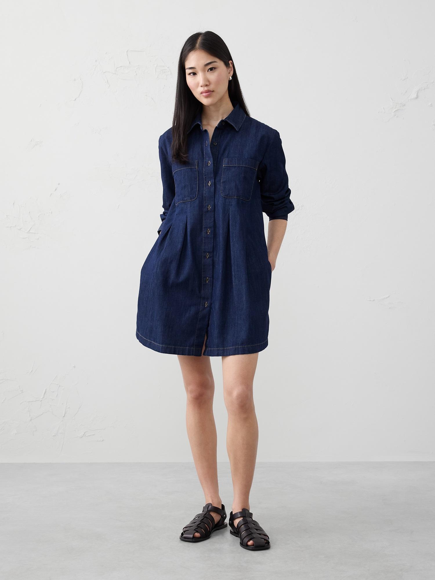 denim pocketed mini shirtdress