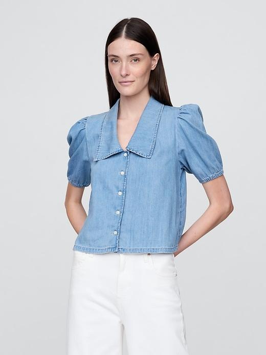 denim puff-sleeve collared shirt
