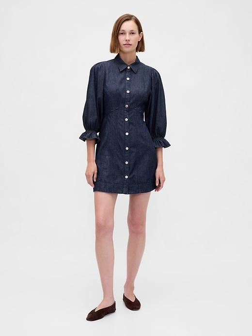 denim puff-sleeve seamed mini dress