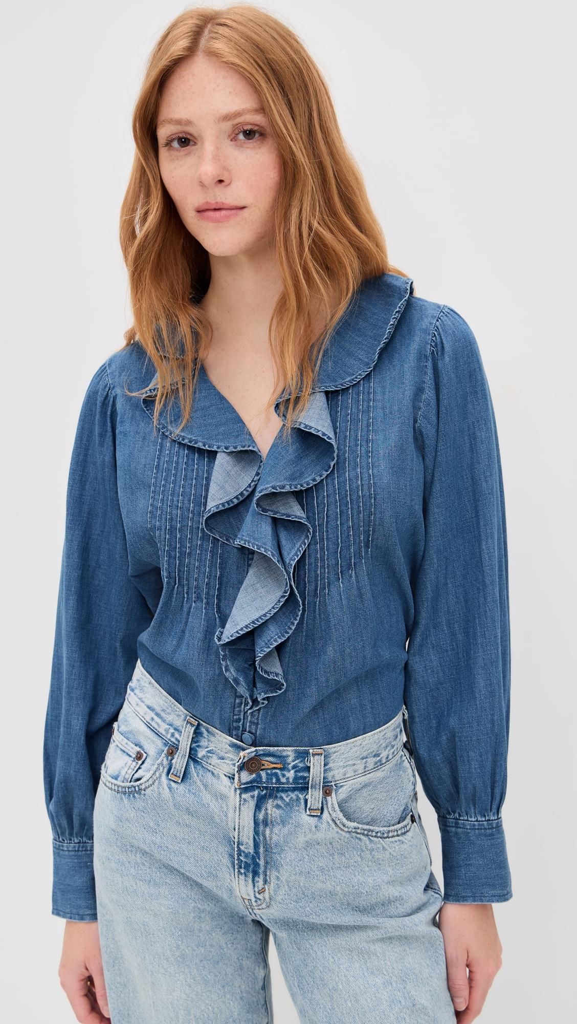 denim ruffled pintuck top