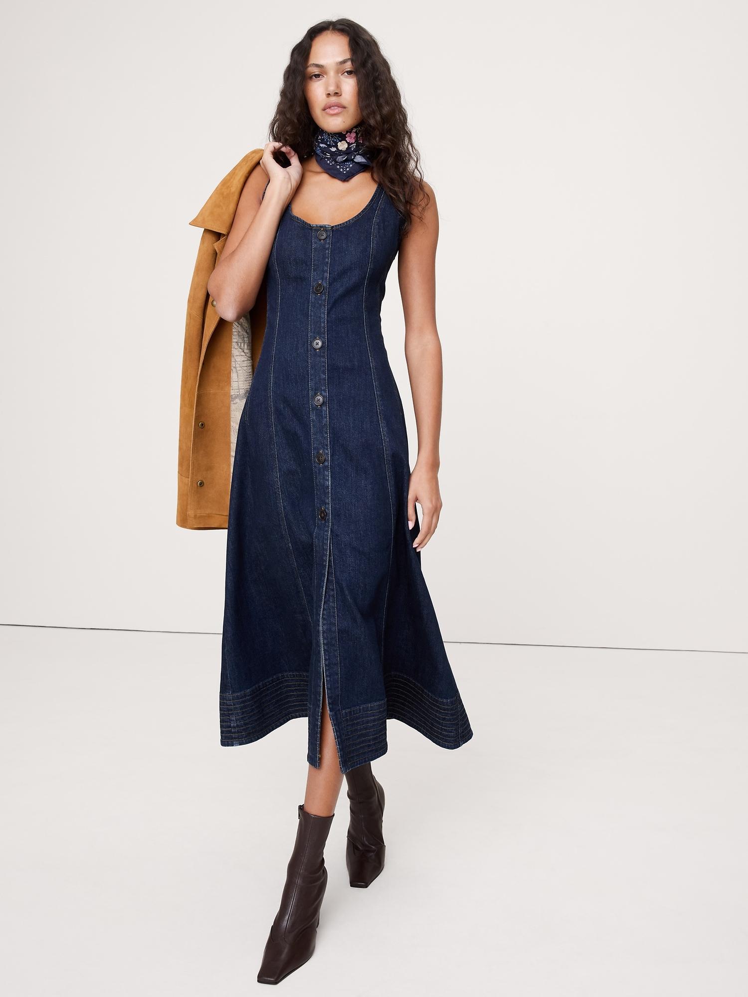 denim scoop-neck midi dress