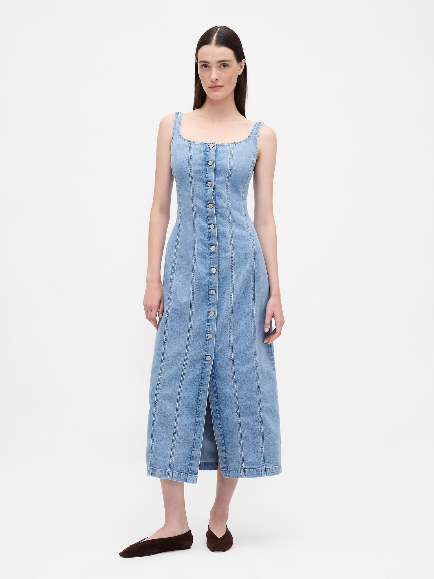 denim seamed button-front maxi dress
