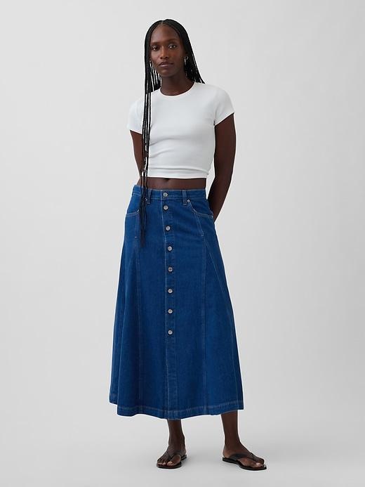 denim seamed button-front maxi skirt