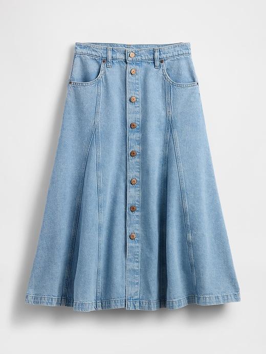 denim seamed button-front maxi skirt
