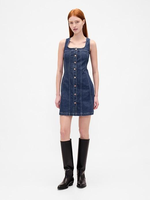 denim seamed button-front mini dress