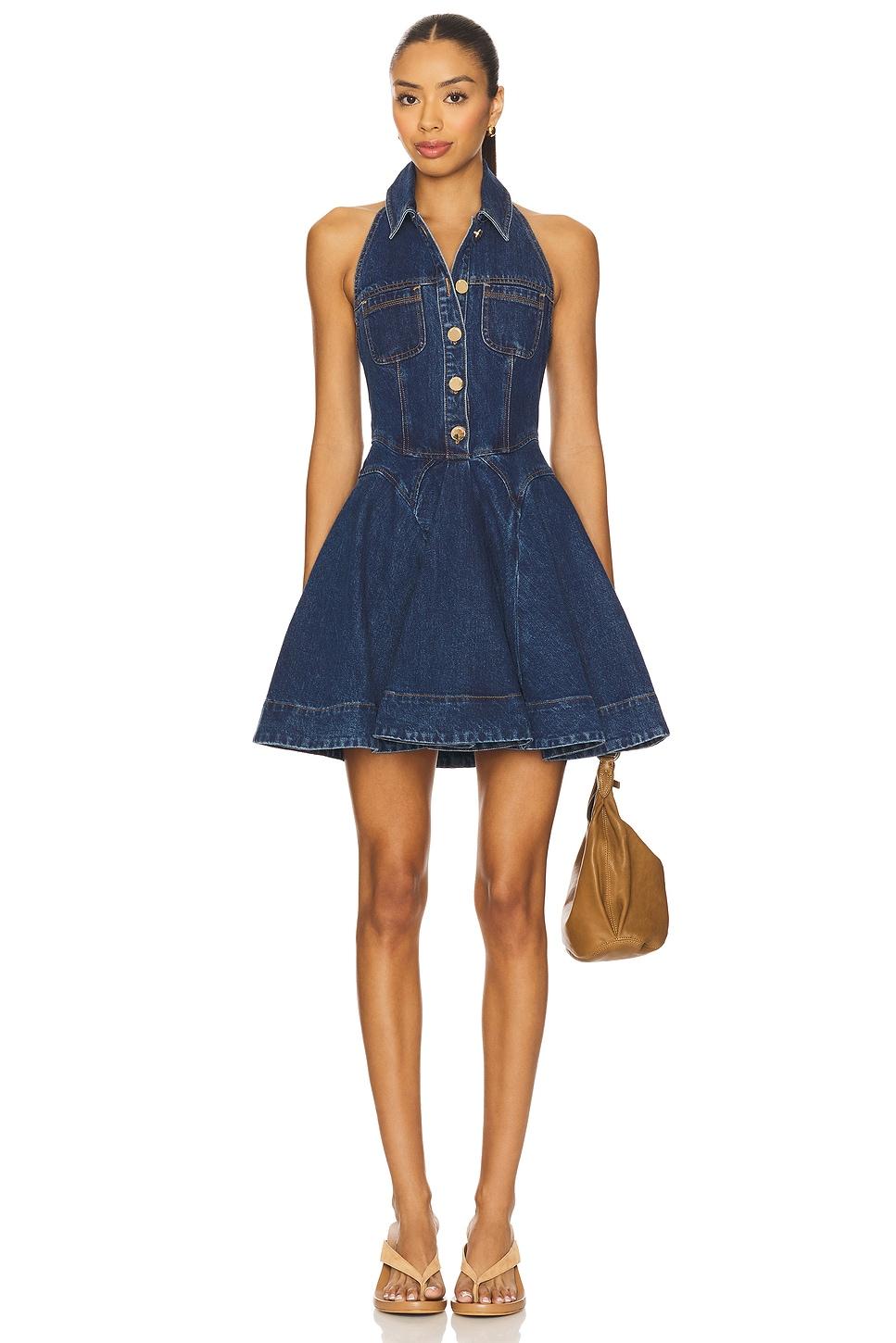 denim sleeveless flared mini dress