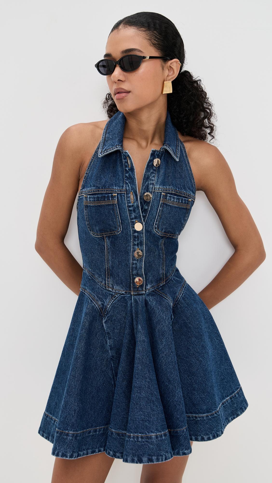 denim sleeveless flared mini dress