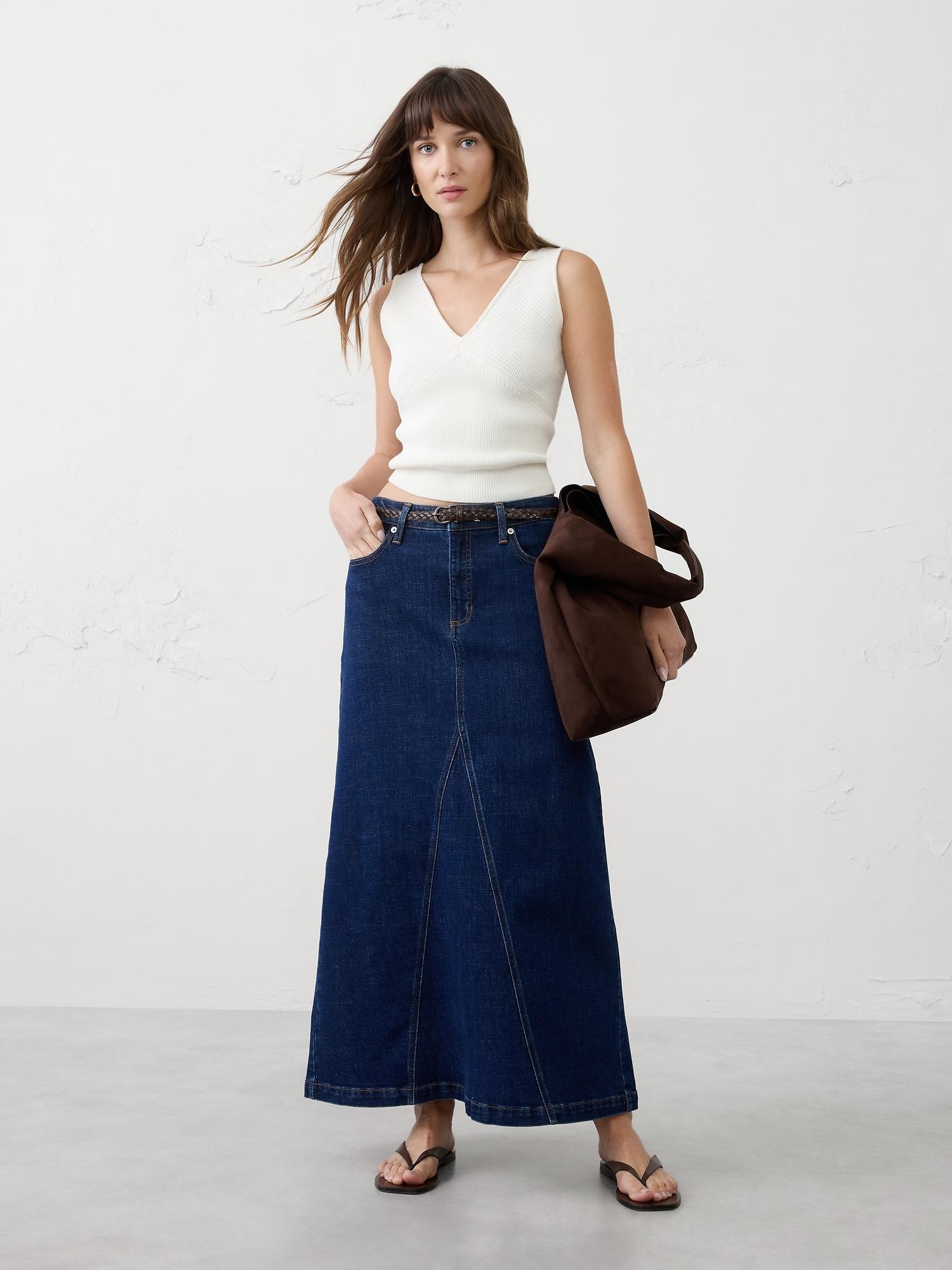 denim split-back maxi skirt