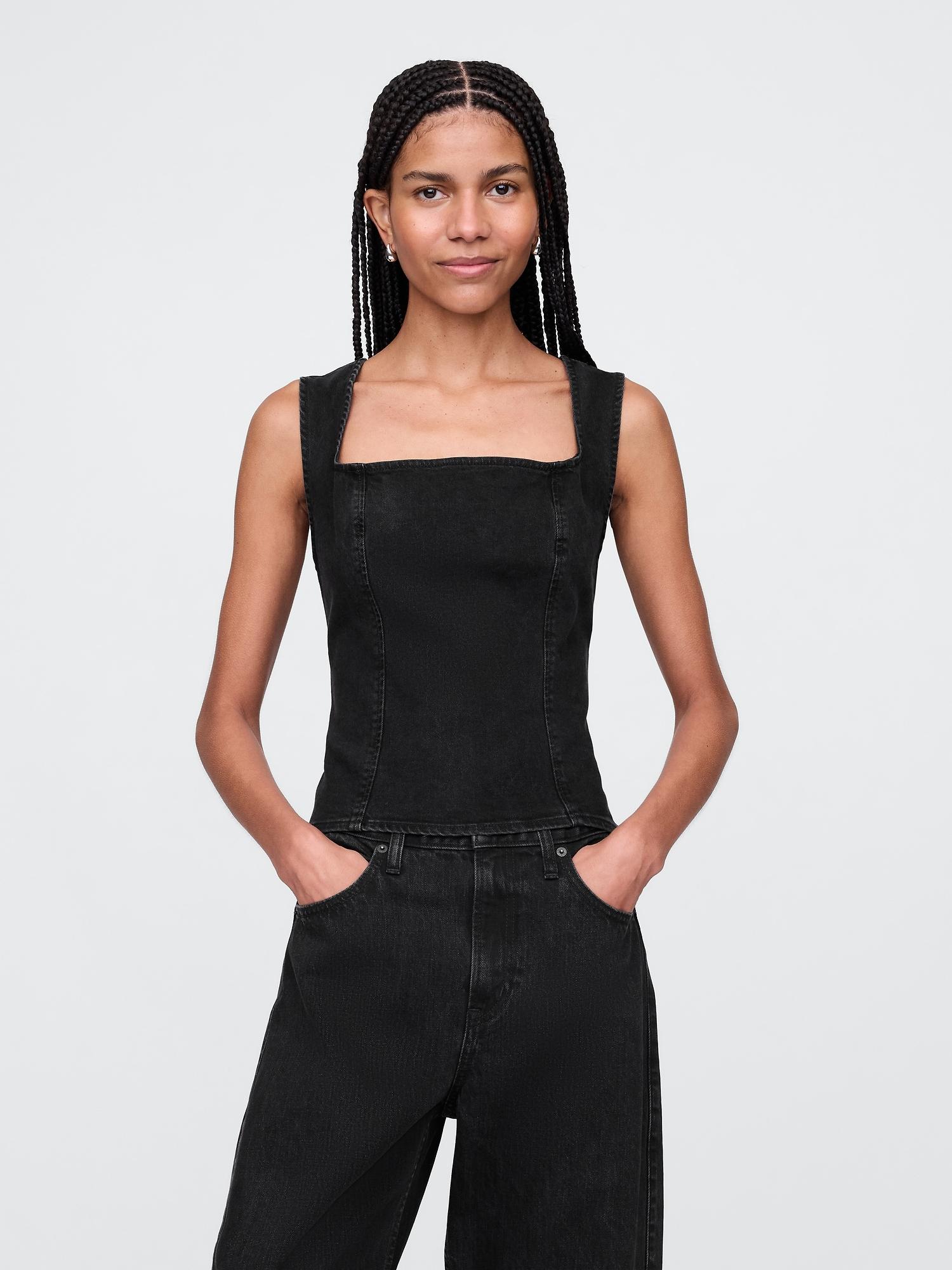 denim square-neck top