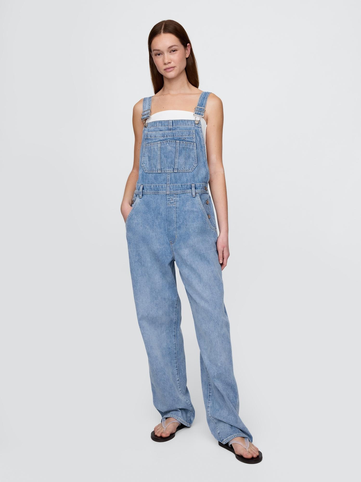 denim stripe loose overalls