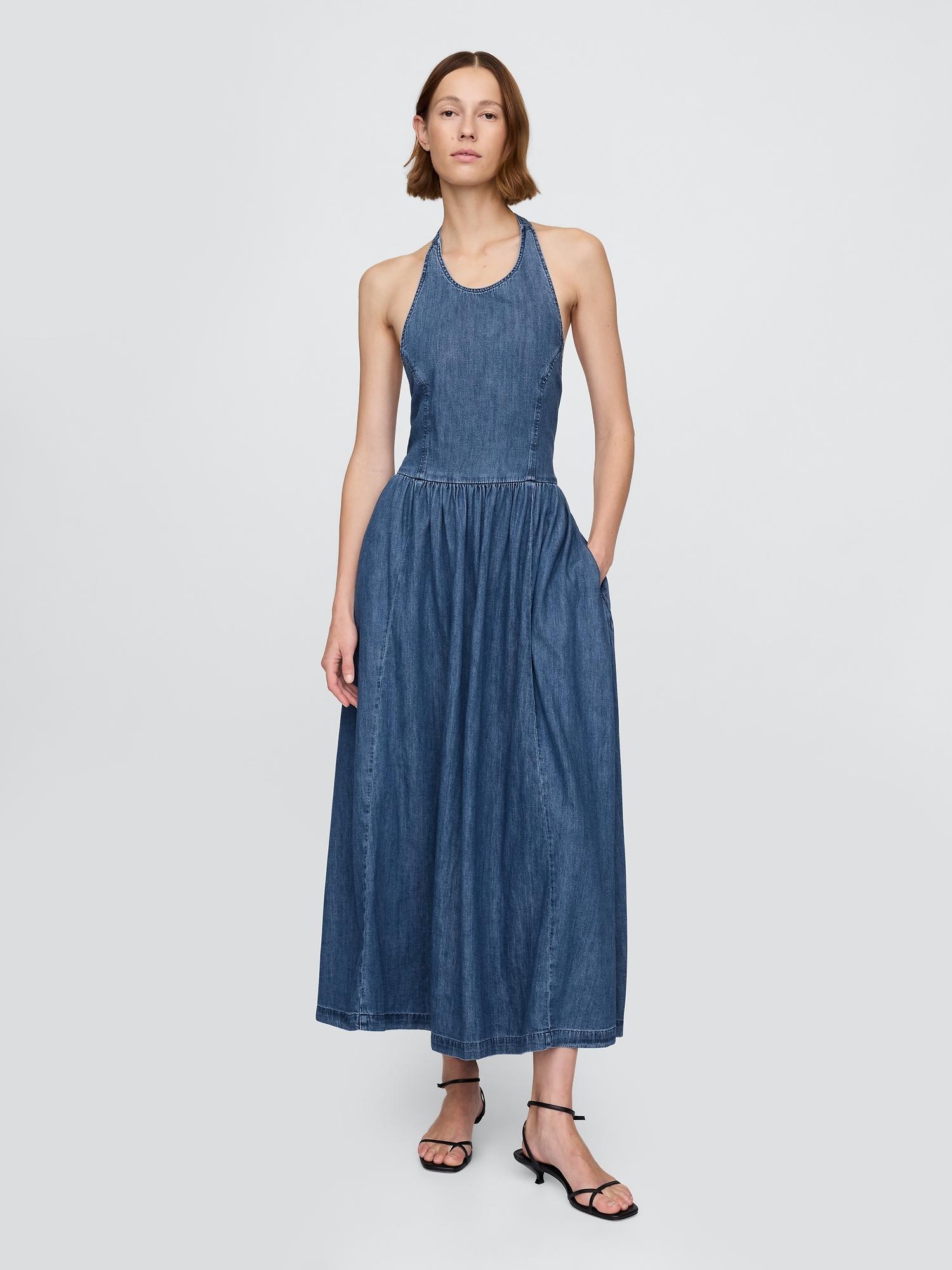 denim tie-back halter maxi dress