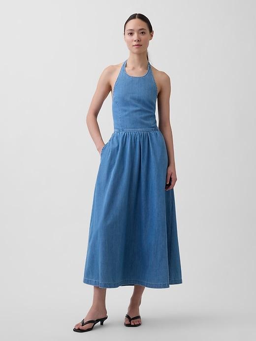 denim tie-back halter maxi dress
