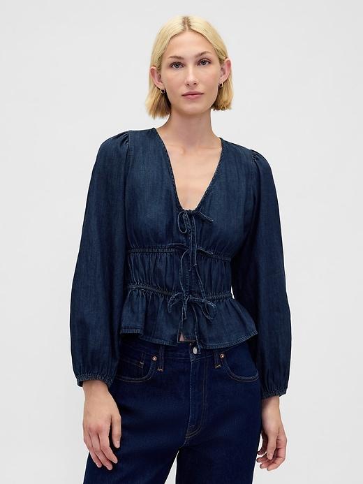denim tie-front crop shirt