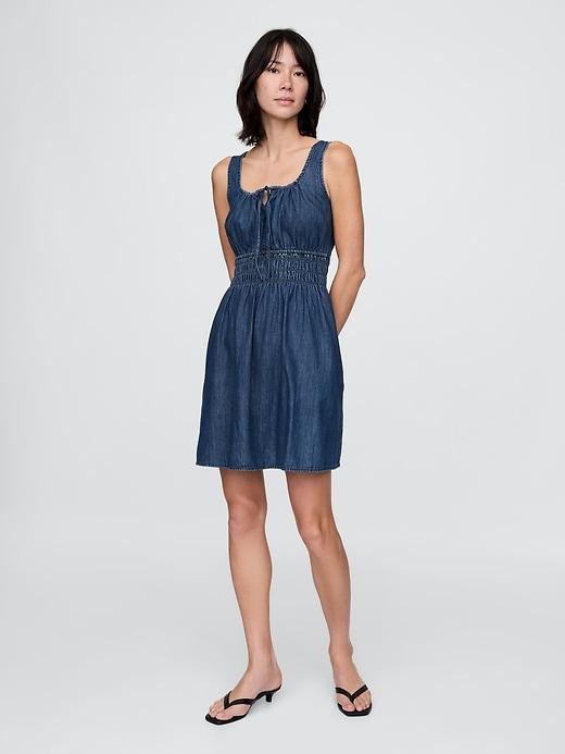 denim tie-front smocked waist mini dress