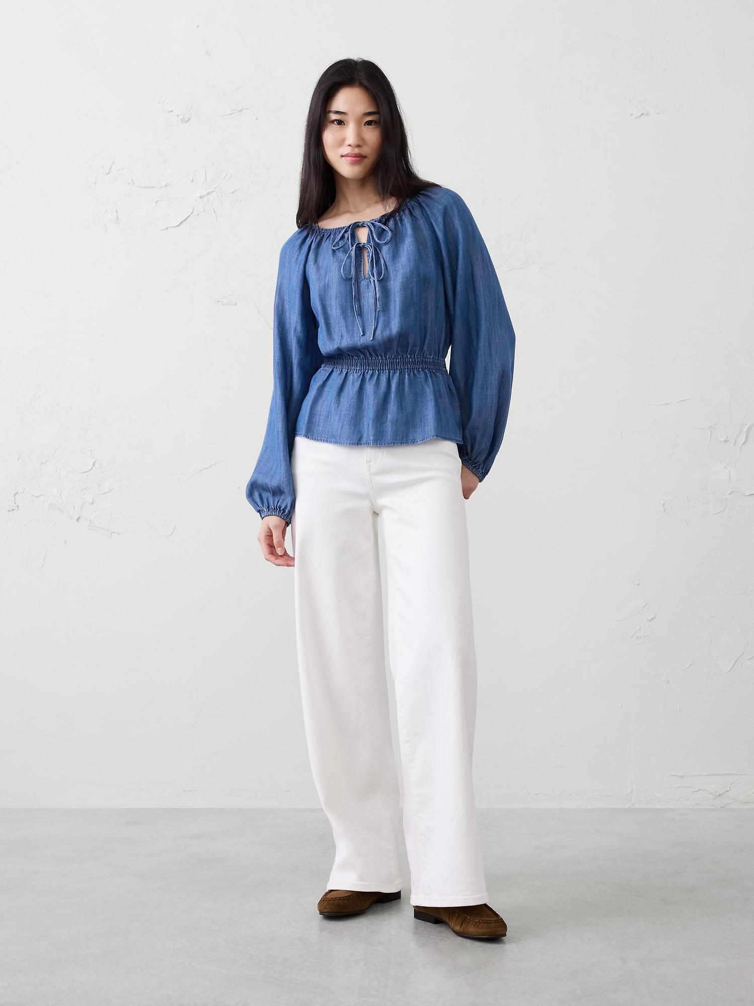 denim tie-front top