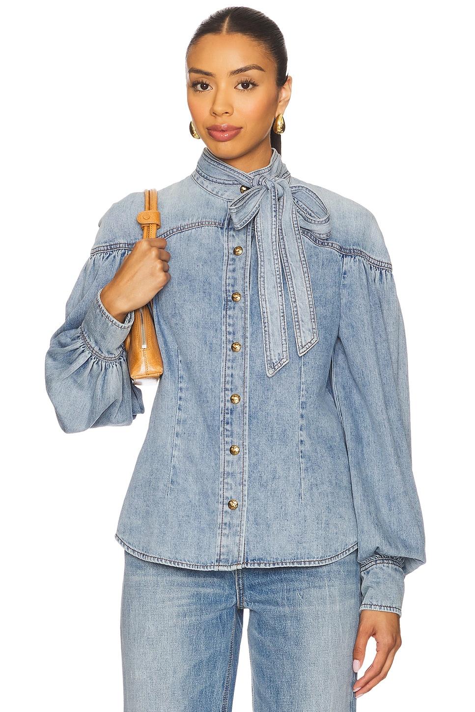 denim tie neck blouse