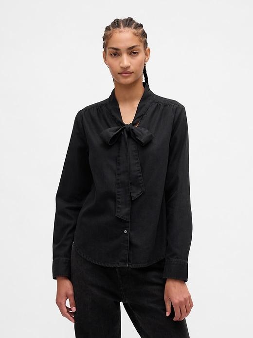 denim tie-neck shirt