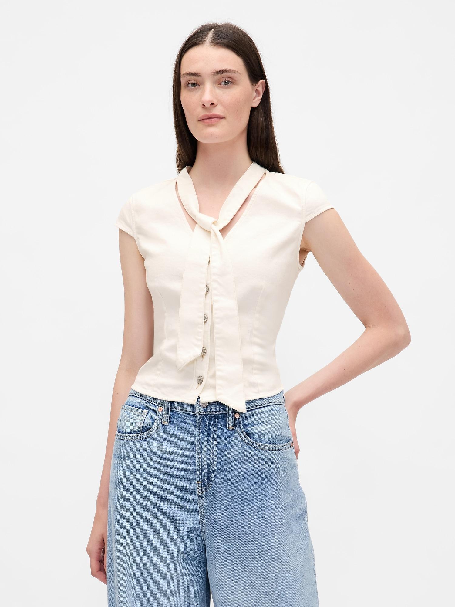 denim tie-neck top
