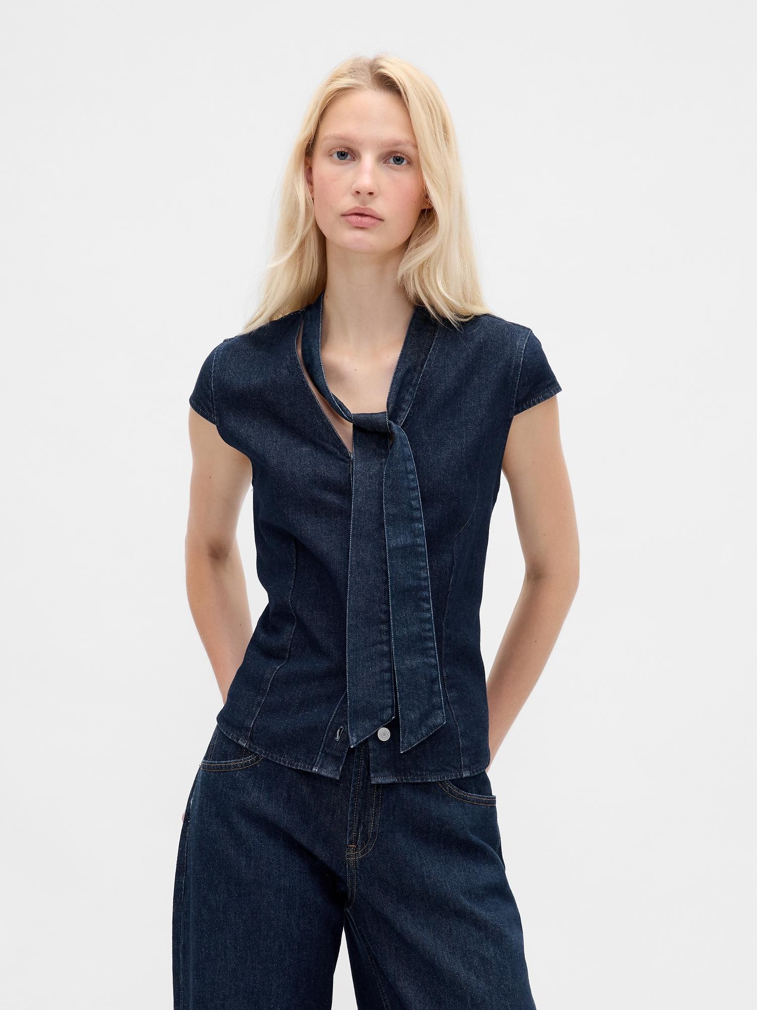 denim tie-neck top