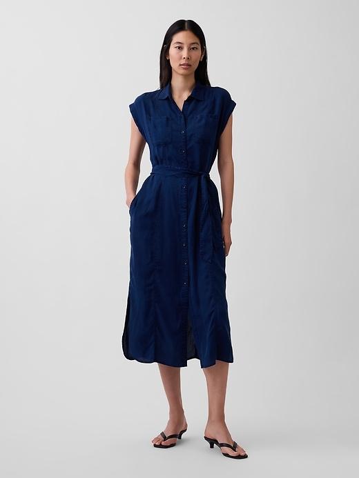 denim tie-waist utility midi dress