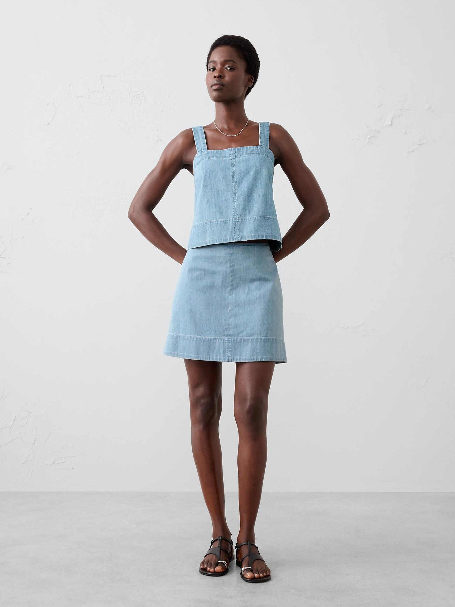 denim topstitched mini skirt