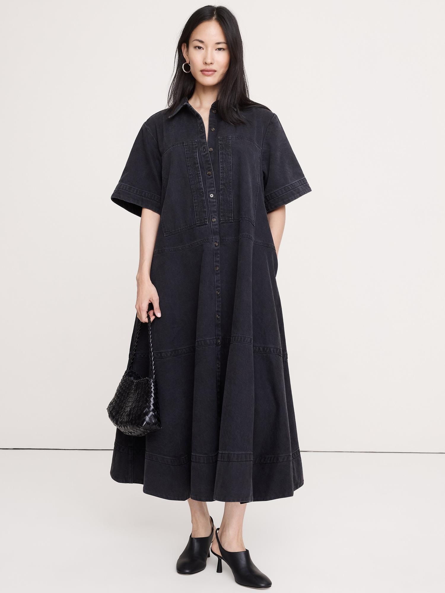 denim trapeze maxi shirt dress