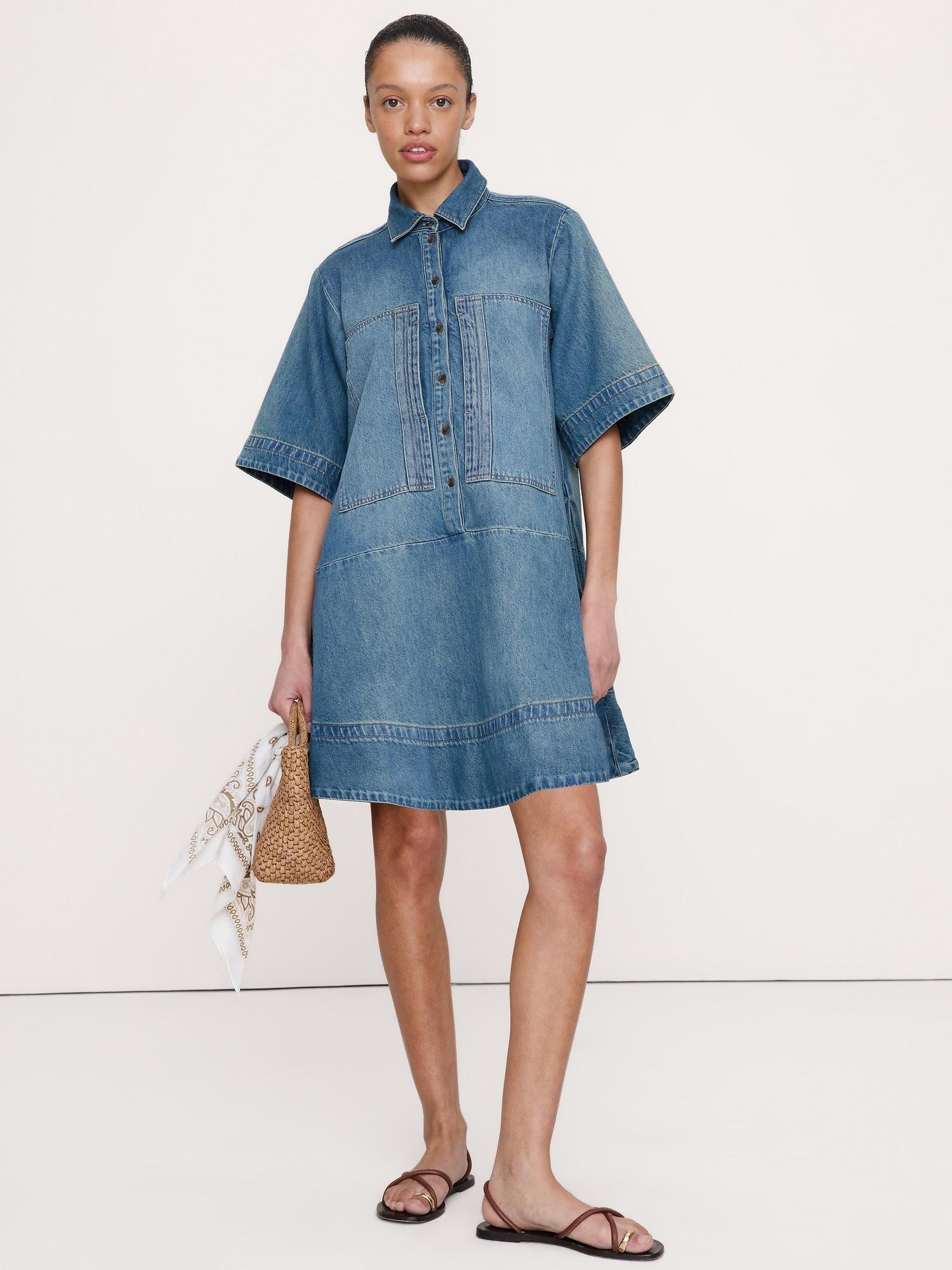 denim trapeze mini shirt dress