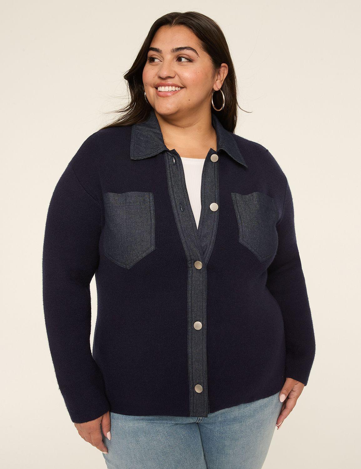 denim-trim button-front cardigan