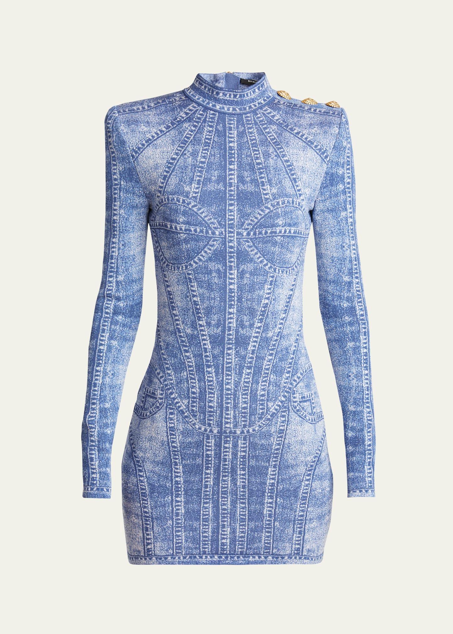 denim trompe loeil buttoned shoulder mini dress