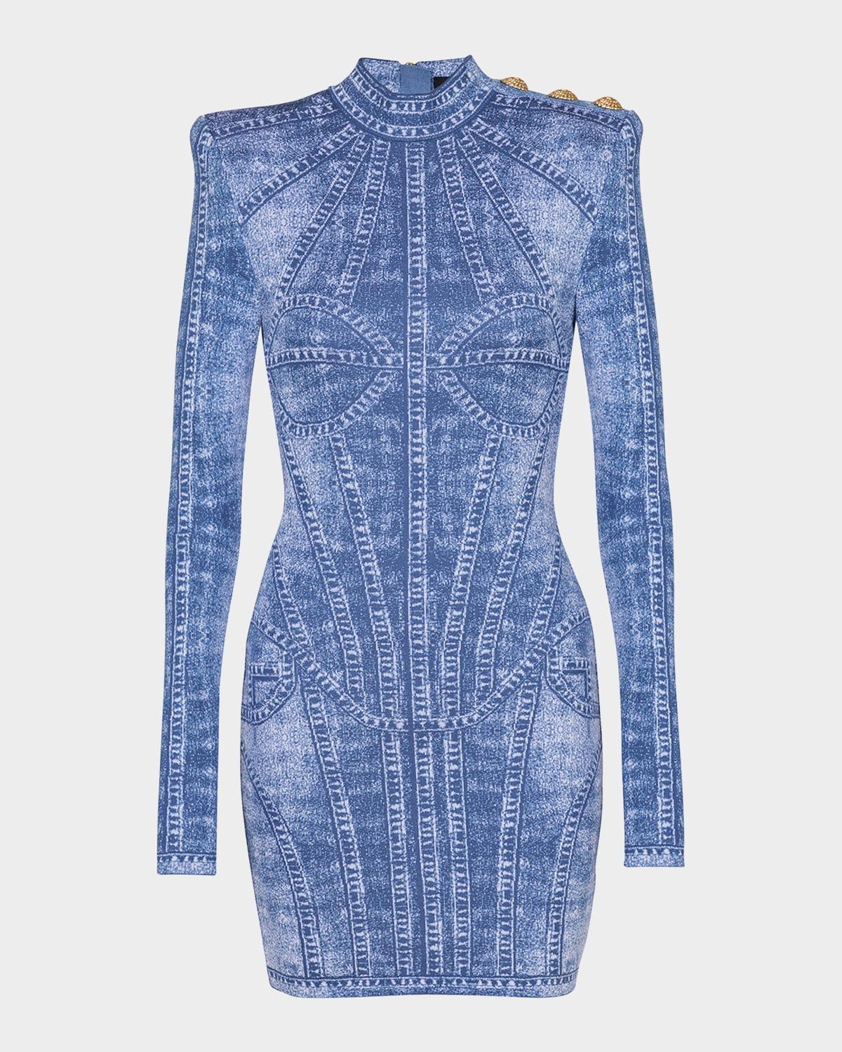 denim trompe loeil buttoned shoulder mini dress