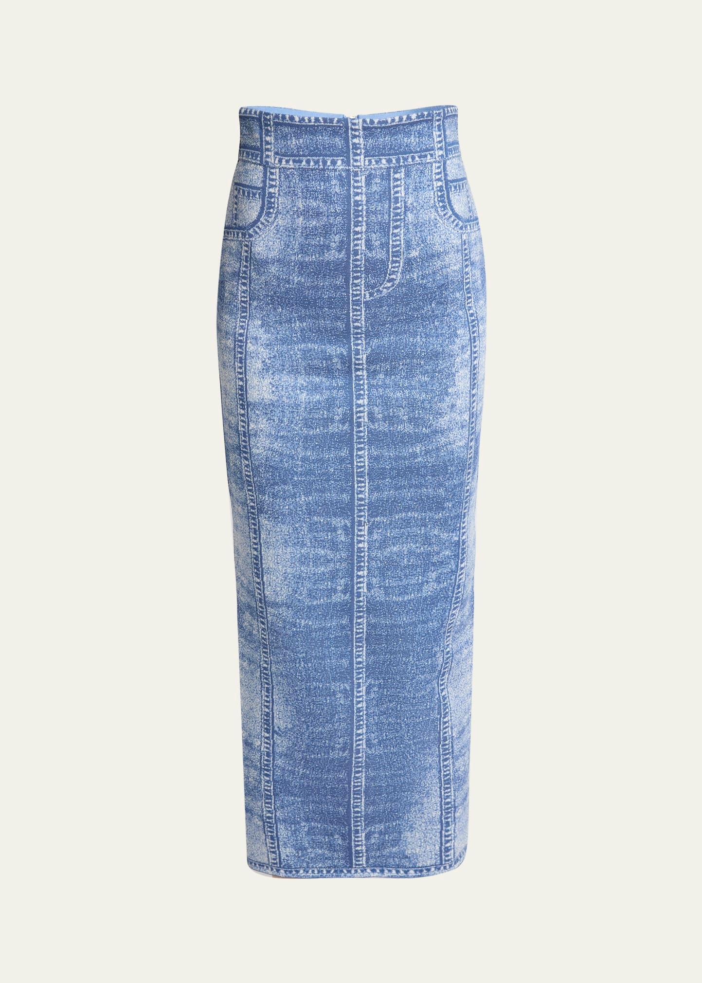 denim trompe loeil knit pencil skirt