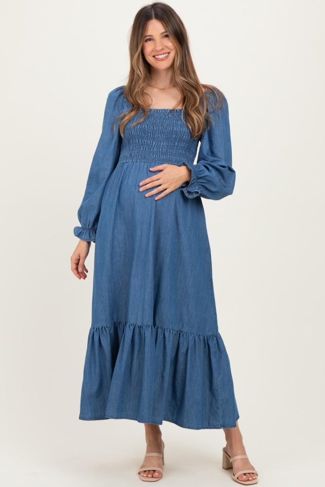 denim washed sweetheart maternity maxi dress