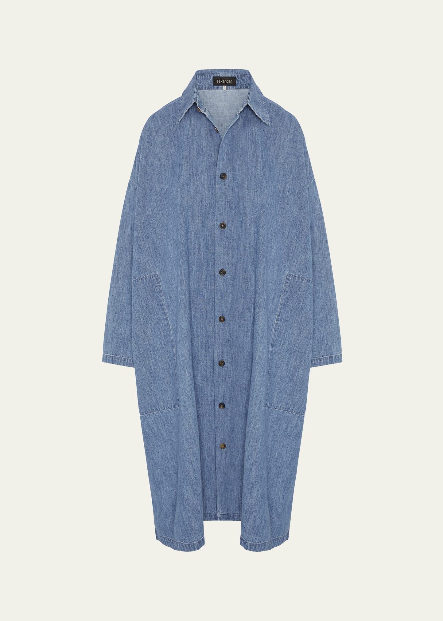 denim wide a-line back-pleat shirtdress with collar