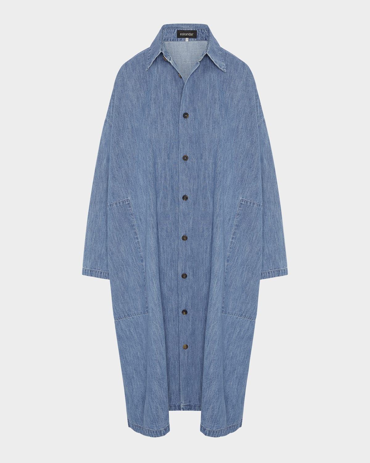 denim wide a-line back-pleat shirtdress with collar