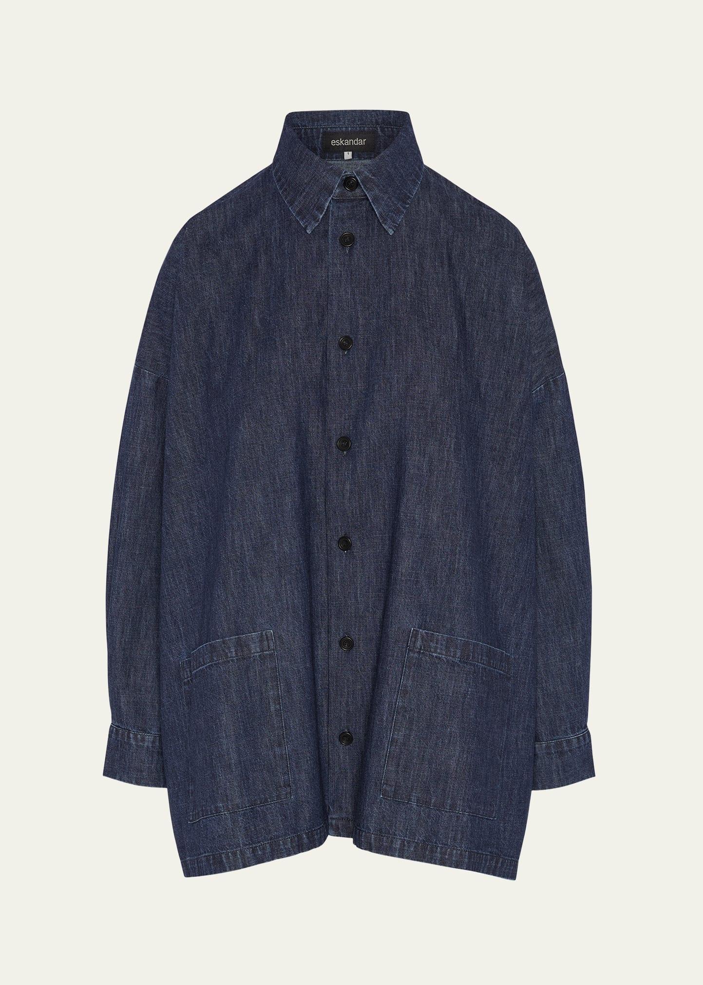 denim wide a-line shirt jacket with collar (long length)