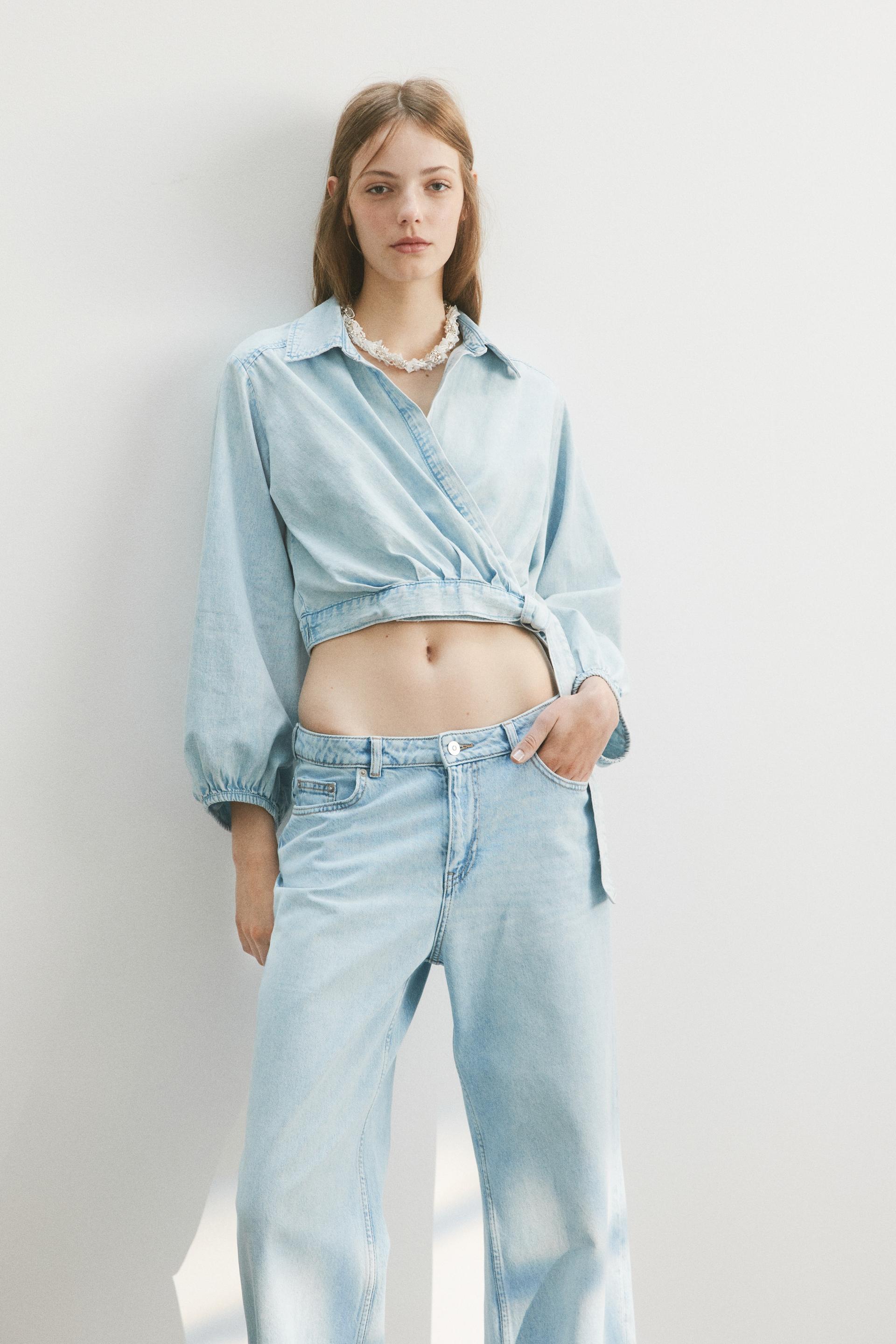 denim wrap blouse