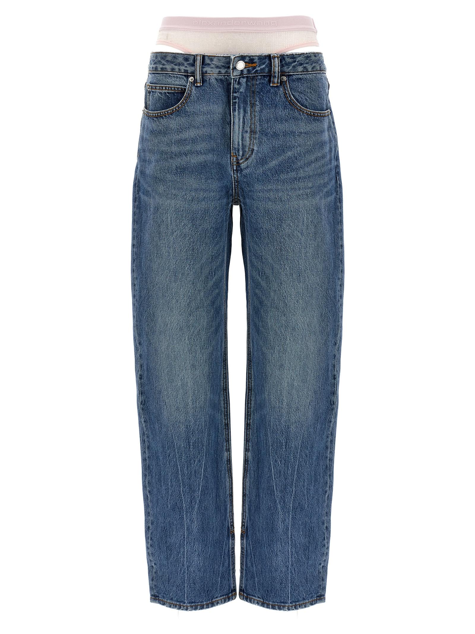 denim x alexander wang slit hem prestyle hotfix mesh undie jeans light blue cotton - women