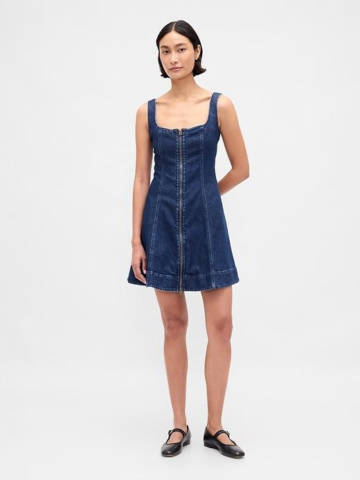 denim zip-front mini dress