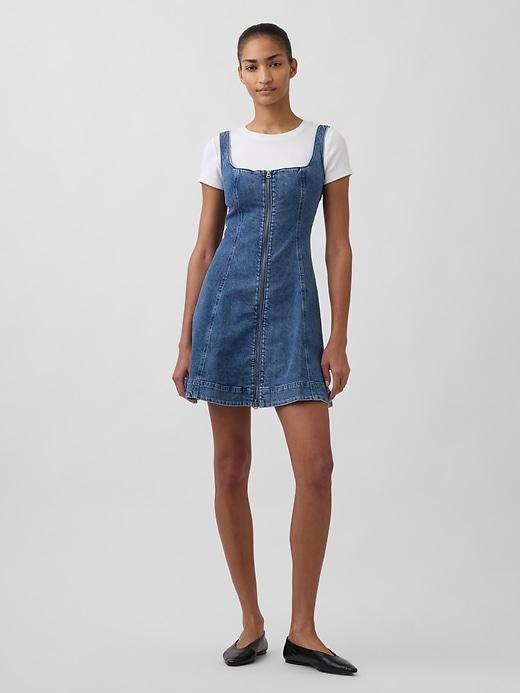denim zip-front mini dress