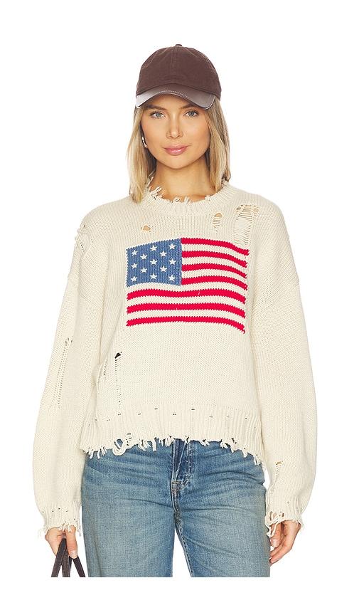 denimist oversized cropped american flag sweater in tan.